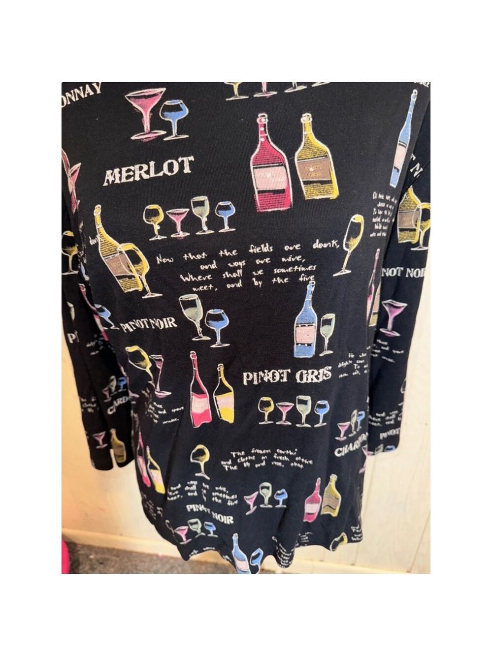Jess & Jane Black Wine Print Long Sleeve Shirt Large - Picture 2 of 16